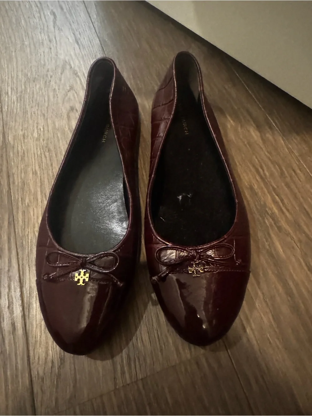Tory Burch Wine Patent Leather Ballet Flats with Gold Logo